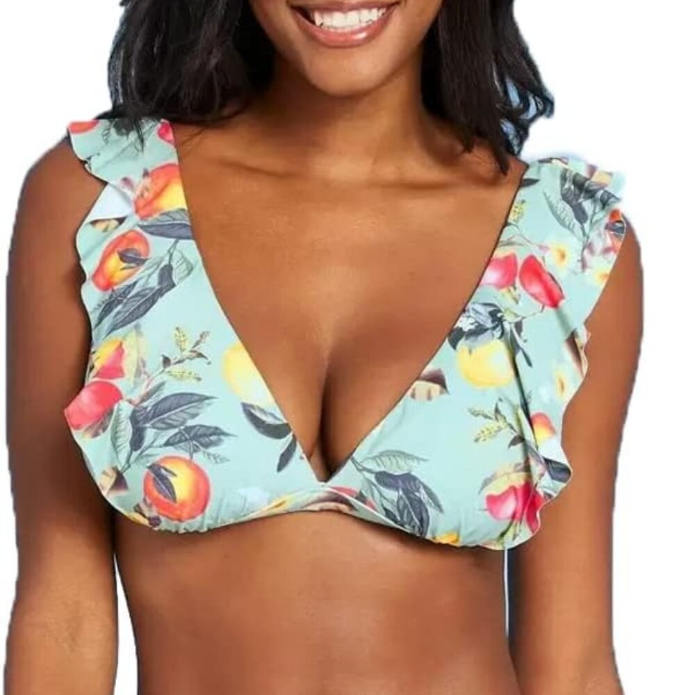 Kona Sol Floral Bikini Top Ruffle Sage Green M